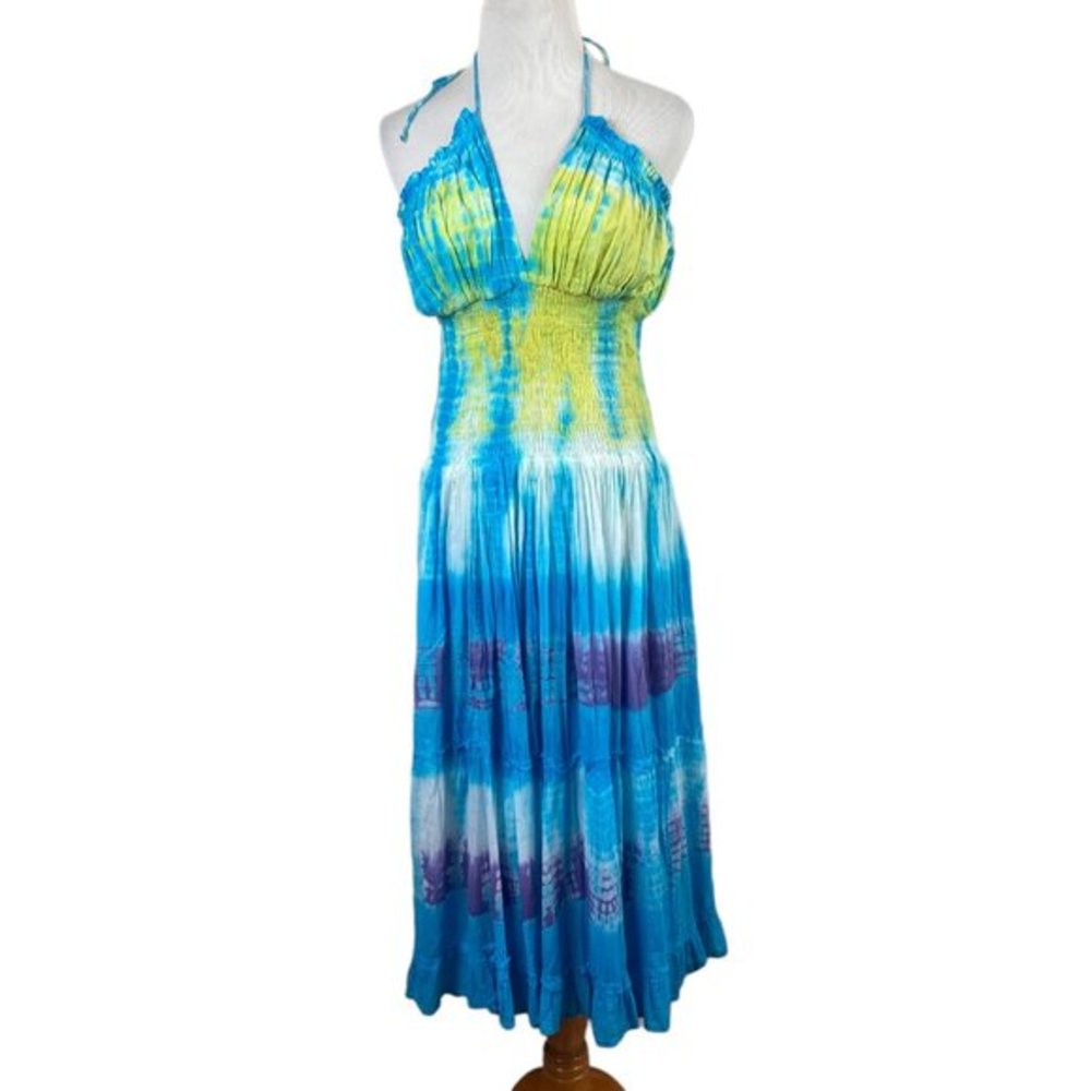 Blue‎ Ocean Midi Dress OS Tie Dye Halter V-Neck Smocked A-Line Summer Free Size